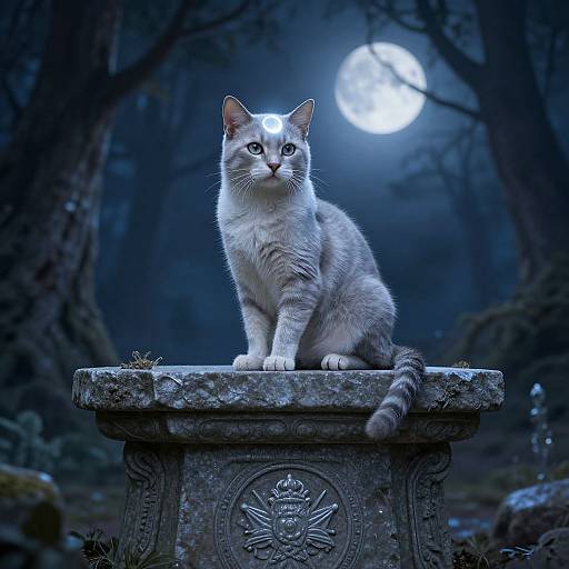 Photograph of a silver-gray cat with white markings sitting on a stone pedestal, moonlit forest background, full moon, eerie blue light.