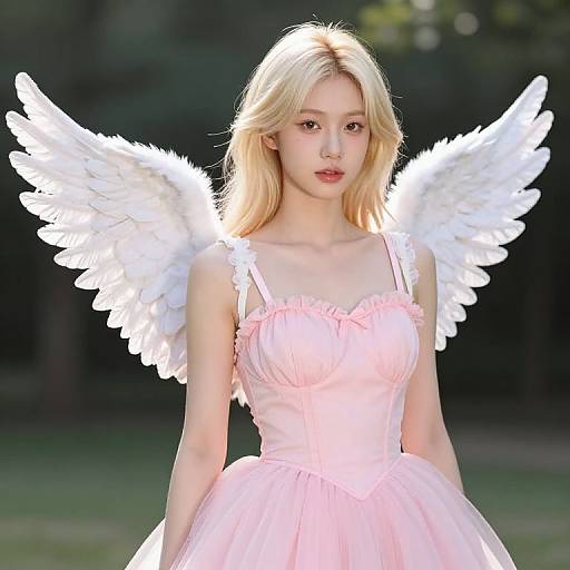 Photograph of a young Asian woman with long blonde hair, wearing a pink dress and white angel wings, standing in a sunlit garden.