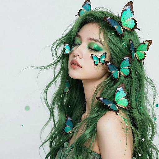 Emerald-Haired Woman with Turquoise Butterflies