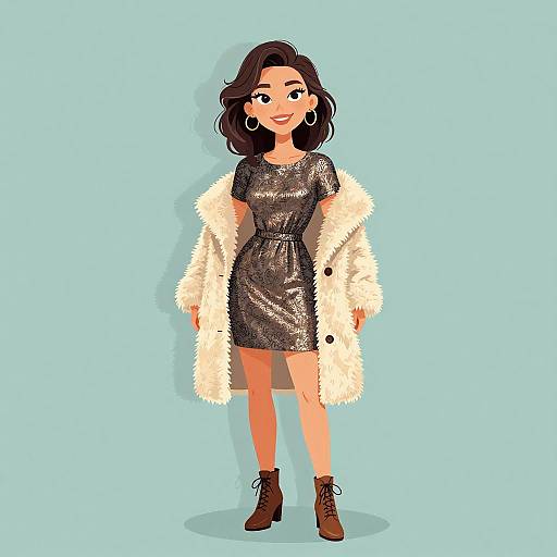 Digital cartoon of a smiling woman with short black hair, wearing a shimmering gray dress, white fur coat, brown boots, and hoop earrings, against