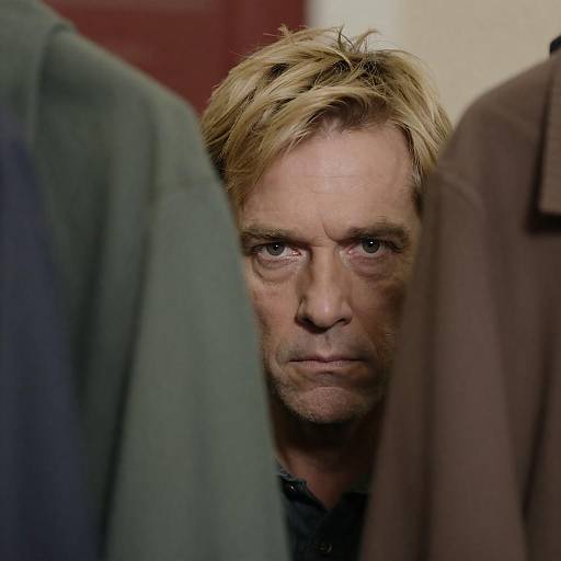 Intense Man Peeking from Colorful Clothes