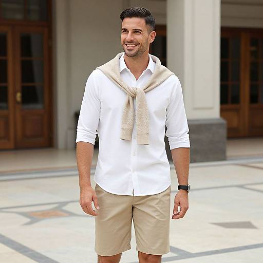 Photograph of a smiling, short-haired man with a light beard, wearing a white shirt, beige scarf, beige shorts, and a black watch,
