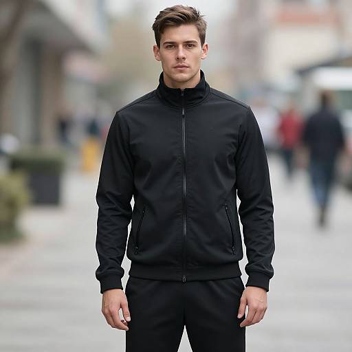 Photograph of a young Caucasian man with short brown hair, wearing a black zip-up jacket and black pants, standing on a blurred urban street.