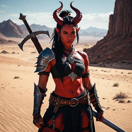 Fierce Female Tiefling Barbarian in Desert