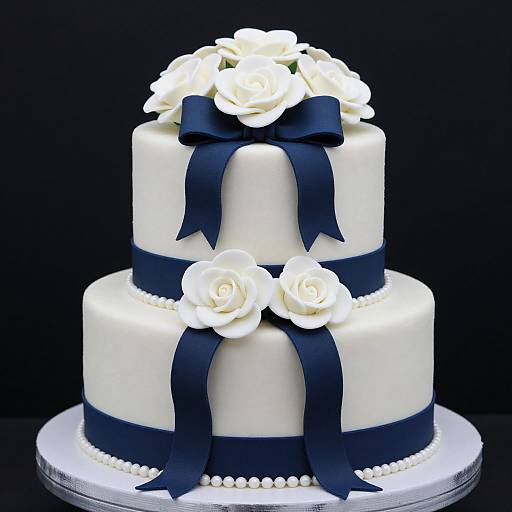 Photograph of a two-tiered, white fondant cake with navy blue ribbons, white roses, and pearl accents, set against a black background