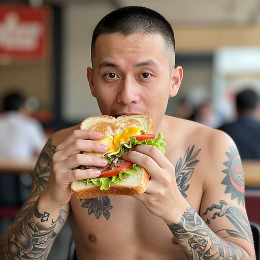 Tattooed, shirtless man with short hair eating a sandwich in a blurry restaurant. He has colorful tattoos on both arms and is looking directly