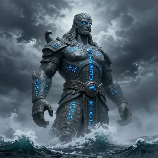 Digital artwork of a muscular, armored, blue-lit sea god with glowing eyes standing in turbulent ocean waves under a stormy sky.