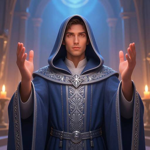 Digital art of a young man in a detailed blue hooded robe, hands raised, in a lit, archway cathedral background.