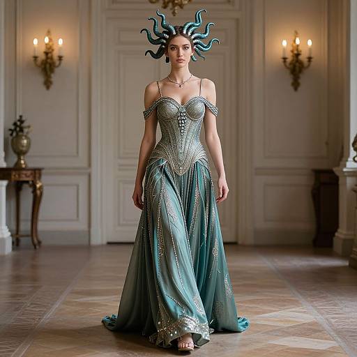 Photograph of a model in a teal, off-shoulder, corset-style gown with intricate silver detailing, wearing a dramatic, twisted headpiece