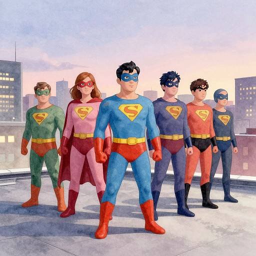 Digital artwork of six superheroes standing on a rooftop; five men and one woman in colorful costumes with iconic logos, city skyline background, diverse skin tones,