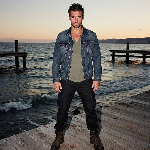 Photograph of a muscular, bearded man with spiky hair, wearing a denim jacket, olive green shirt, black pants, and brown boots,