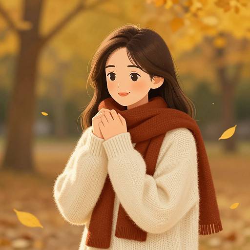 Digital illustration of a smiling Asian woman with long brown hair, wearing a white sweater and brown scarf, holding her hands together in an autumn forest with yellow