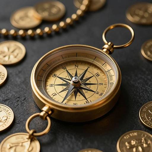 Photograph of a gold compass with a black needle, surrounded by scattered gold coins, on a dark textured surface.