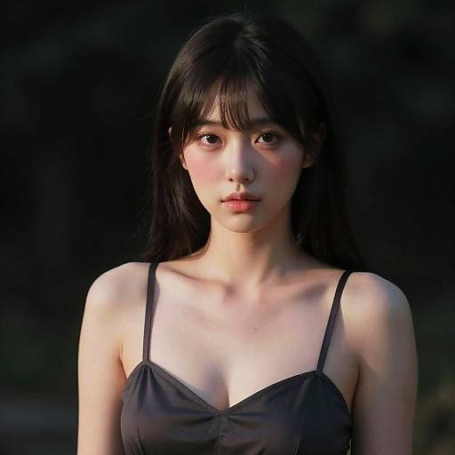 Portrait of Young Asian Woman with Blush in Black Dress