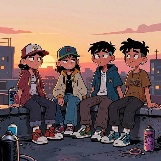 Digital cartoon of four teenage boys sitting on a rooftop at sunset, wearing casual clothes and caps, with spray paint cans nearby.