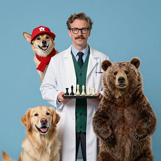 Cheerful Doctor with Pets and Chess