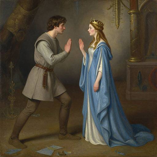 Painting of a medieval scene: a kneeling man in grey tunic and brown pants, hands raised, facing a crowned woman in blue and white gown
