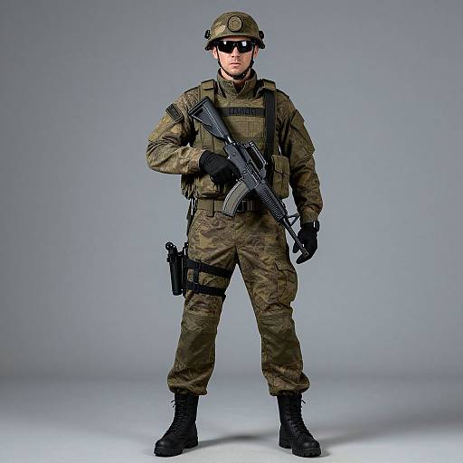 Photograph of a male soldier in full camouflage uniform, black gloves, helmet, sunglasses, holding a rifle, standing against a plain gray background.