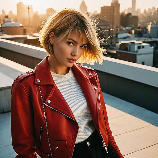 Blonde woman with inverted bob hairstyle on rooftop