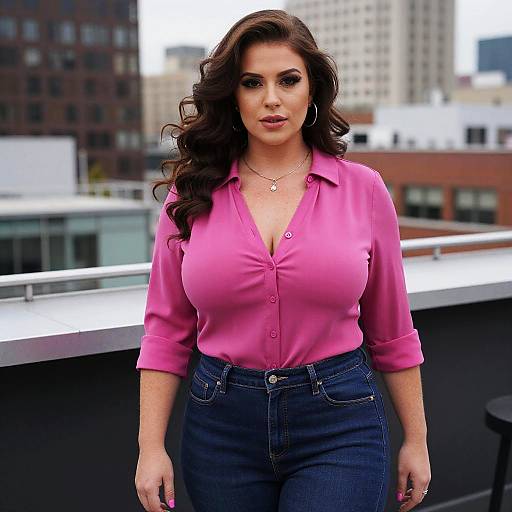 Photograph of a curvy woman with long, wavy brown hair, wearing a pink button-up shirt and high-waisted blue jeans, standing
