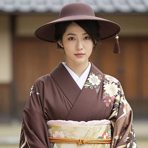 Woman in Brown Floral Kimono and Hat