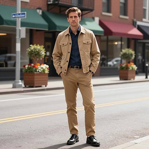 Man in Casual Tan Jacket and Pants on City Street