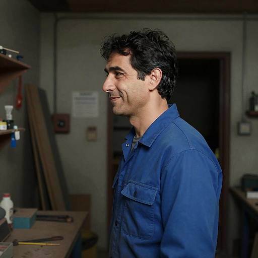 Middle-Aged Man in Cluttered Workshop