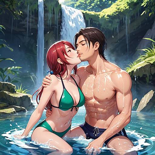 Couple Hugging in Hot Spring Kiss