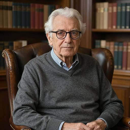 Photograph of an elderly white man with white hair, glasses, dark gray sweater over blue checkered shirt, sitting in a leather chair in a library