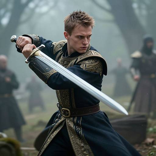 Photograph of a determined young man with short brown hair, wielding a gleaming sword in a foggy forest battle scene, wearing ornate black armor