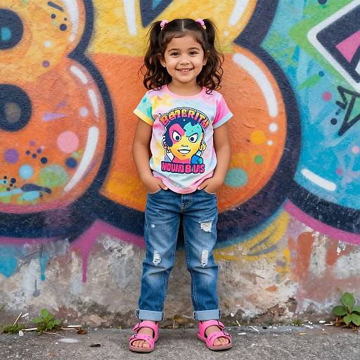Photograph of a smiling young girl with curly brown hair in pigtails, wearing a colorful 