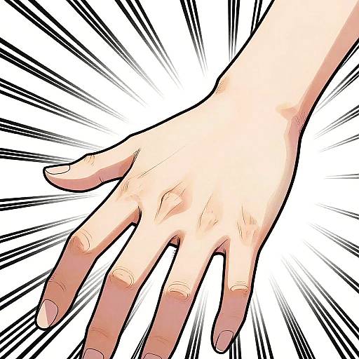 Anime-style digital illustration of a pale, outstretched hand with detailed lines and shading, set against a white background with dynamic black lines radiating outward