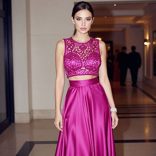 Photograph of a beautiful woman with dark hair in an updo, wearing a sleeveless, lace, magenta crop top and matching satin skirt,