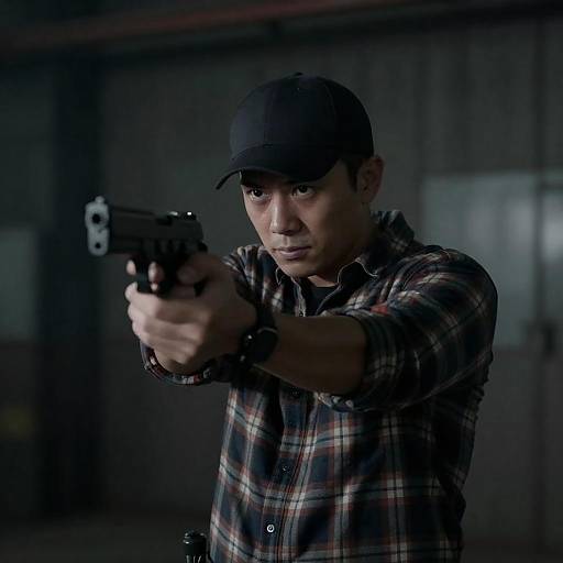 Man aiming pistol in dimly lit industrial setting