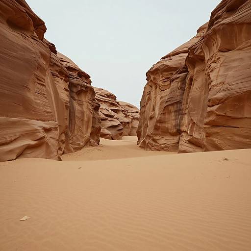 Photograph of a narrow, sandy canyon with towering, red-brown, layered rock walls under a bright white sky, creating a striking desert landscape.