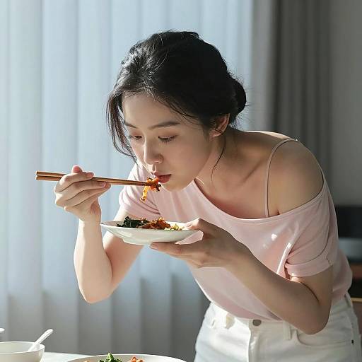 Asian Woman Eating with Chopsticks