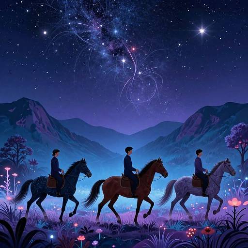 Digital illustration of three silhouetted riders on horses, walking through a glowing, starry night field with mountains, constellations, and glowing
