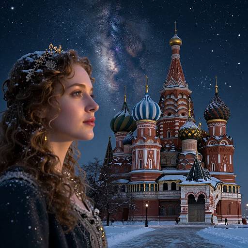 Photorealistic digital artwork of a curly-haired woman in a snow-covered dress, profile view, standing before a starry night sky and the illuminated,