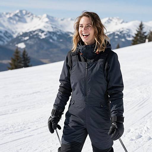 Photograph of a smiling young woman with wavy brown hair, wearing a black winter outfit and gloves, standing in a snowy mountain landscape with snow-covered