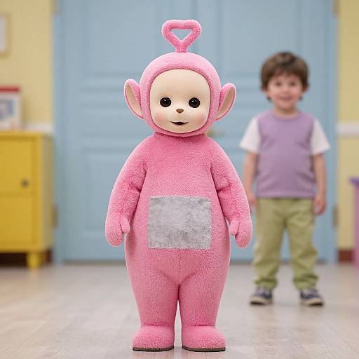 Photograph of a child in a pink, plush, heart-shaped-headed costume with a silver patch, standing in a brightly lit room with a blue door