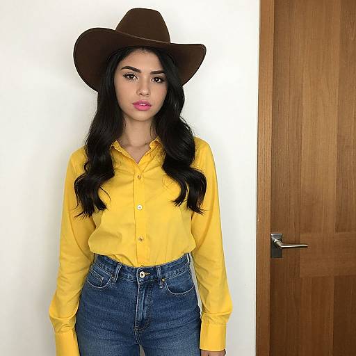 Photograph of a young woman with long black hair, wearing a brown cowboy hat, yellow button-up shirt, and blue jeans, standing against a white
