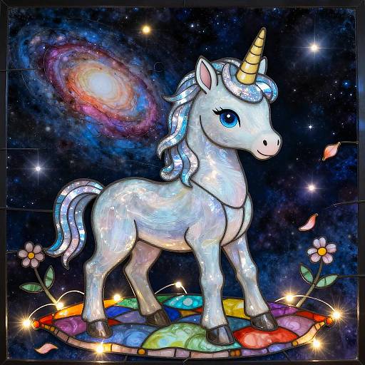 Colorful digital illustration of a white, blue-maned unicorn with a golden horn, standing on a rainbow mosaic, surrounded by stars, glowing flowers,