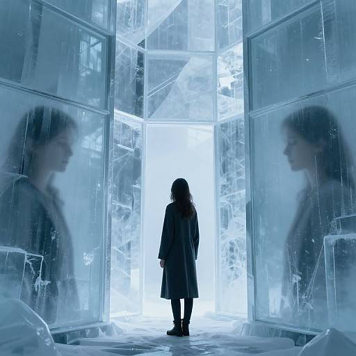 Photograph of a person with long hair, silhouetted against bright, icy blue light, standing between mirrored glass walls with their reflection on both