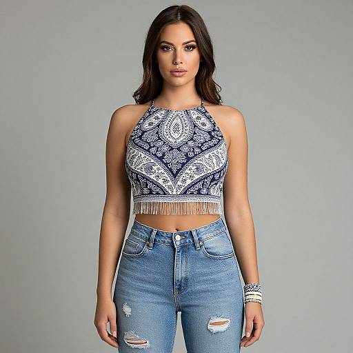 Photograph of a young woman with long dark hair, wearing a blue and white patterned halter top with fringe, and high-waisted,