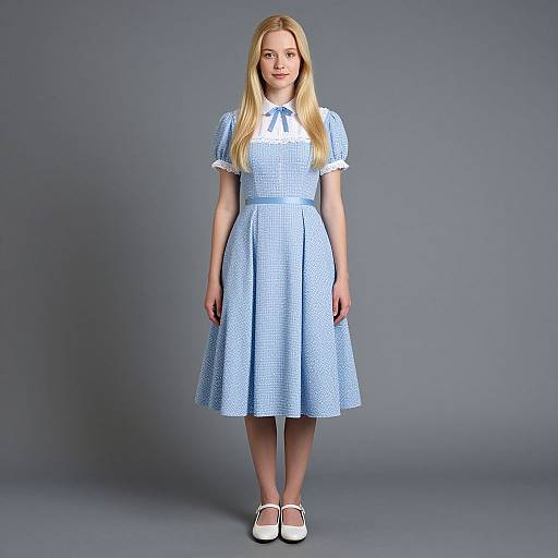 Photograph of a blonde woman with fair skin, wearing a blue gingham dress with white trim, short sleeves, and white Mary Jane shoes, standing