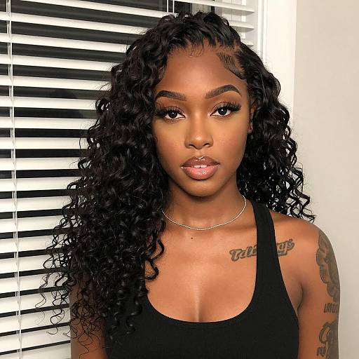 Portrait of Young Black Woman with Curly Hair and Tattoos