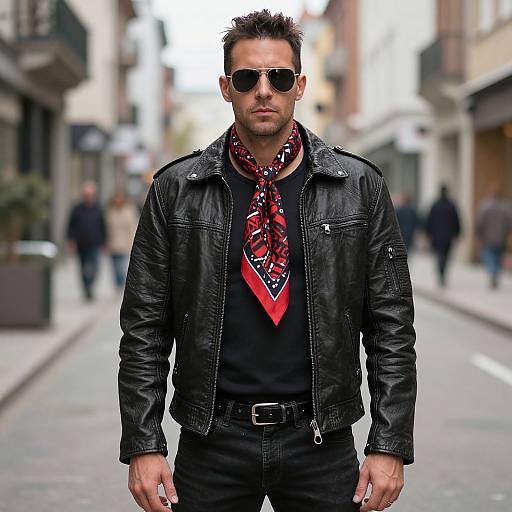 Photograph of a muscular man with short, spiked dark hair, wearing sunglasses, black leather jacket, red patterned scarf, and black shirt, standing
