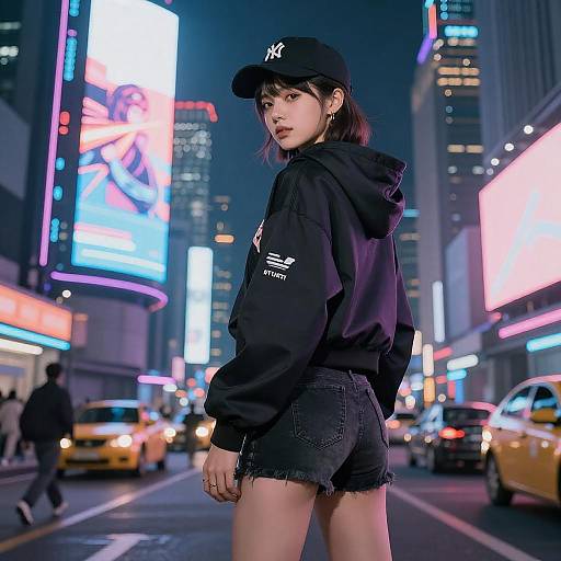 Photograph of an Asian woman in a black hoodie, denim shorts, and Yankees cap, standing in a neon-lit, bustling New York City street