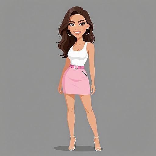 Digital illustration of a smiling woman with long dark hair, wearing a white tank top, pink skirt, and white heels, against a gray background.