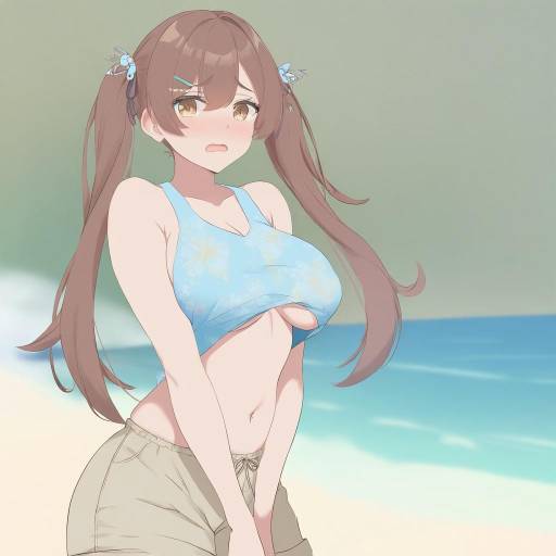 Anime Girl in Floral Tank Top on Beach